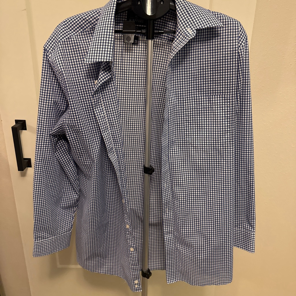 Stafford Travel Super Shirt Stretch Blue Gingham  Dress Shirt- 17.5
